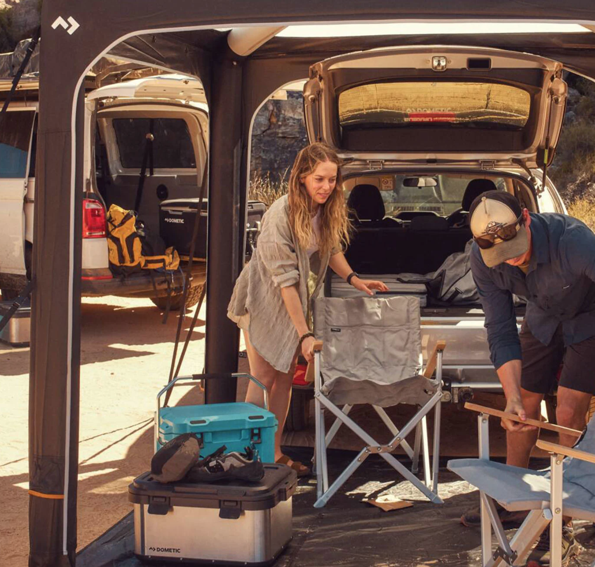 Dometic-equipped camper van and adventure rig on the coast