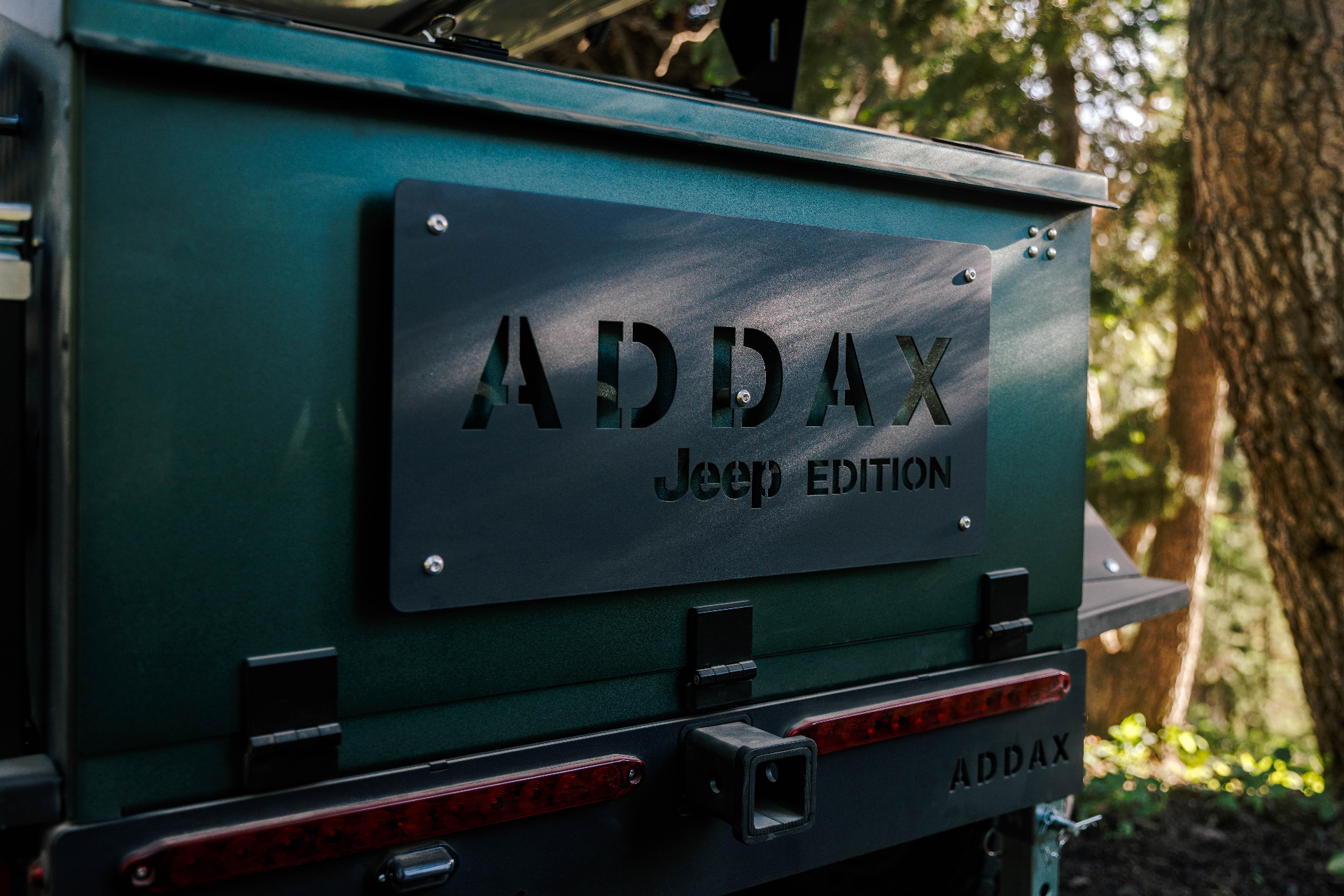 ADDAX Jeep Edition badge plate on the Basecamp trailer